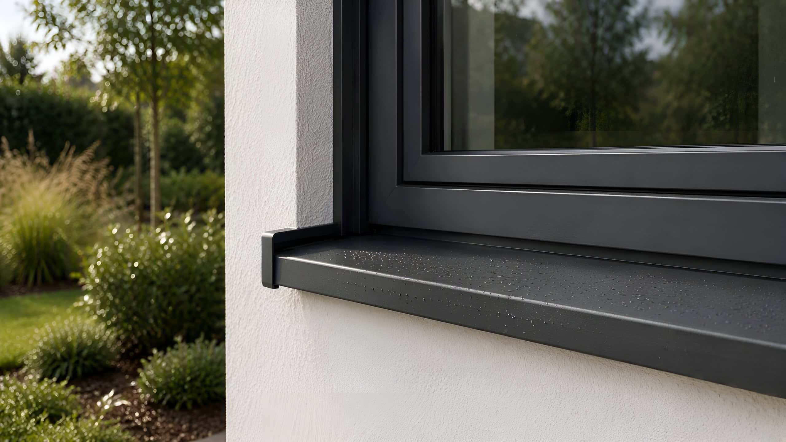 Anthrazitfarbene Aluminium-Außenfensterbank an einem modernen Fenster