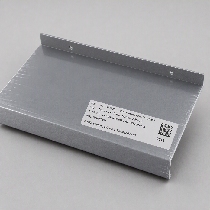 Aluminium-Fensterbank mit Etikett zur Zuordnung von Bauvorhaben und Fensterposition