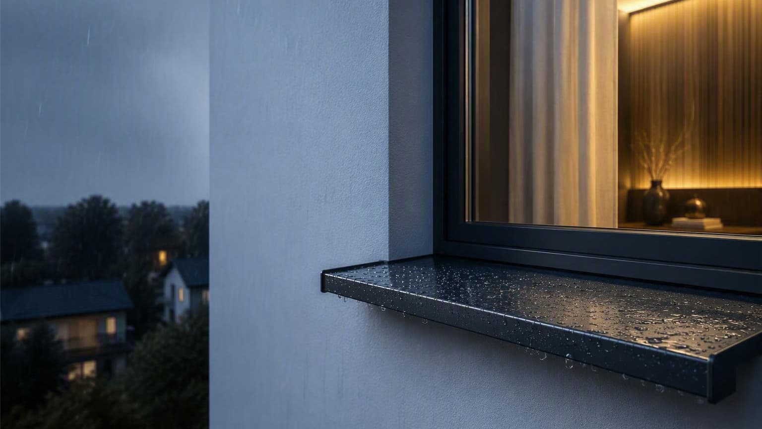 Nasse anthrazitfarbene Aluminium-Fensterbank bei Regen vor einem beleuchteten Schlafzimmerfenster