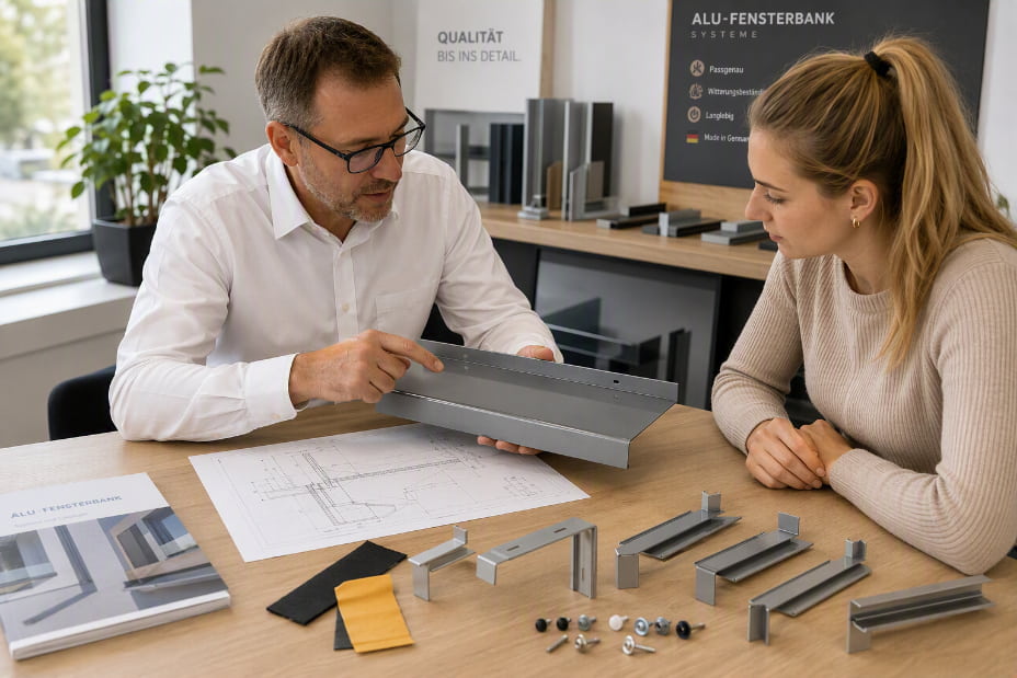 HORN-Fachberater erklärt einer Kundin ein Aluminium-Fensterbankprofil anhand einer Planzeichnung